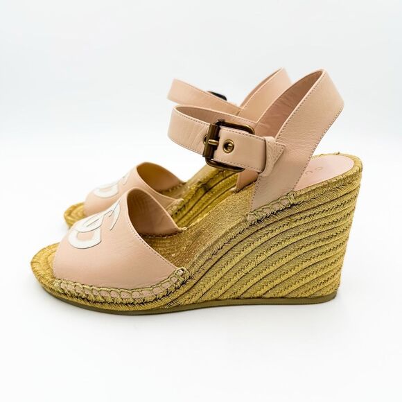 Gucci GG Pink Espadrille Gold Wedge Sandals EU 38, US 8 - Picture 4 of 10